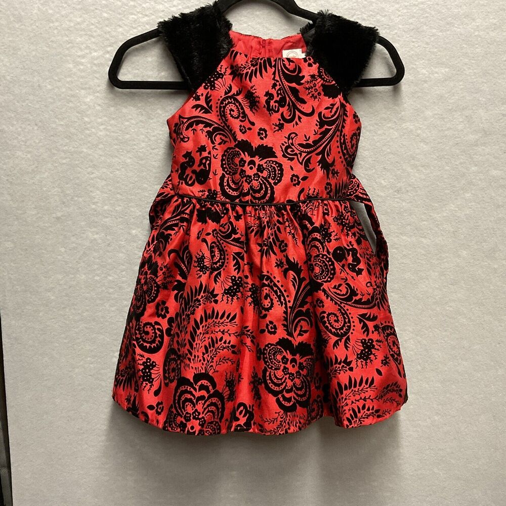 Wonder Nation Girls‎ Red Special Occasion Dress Size 5 Holiday Ties Faux Fur